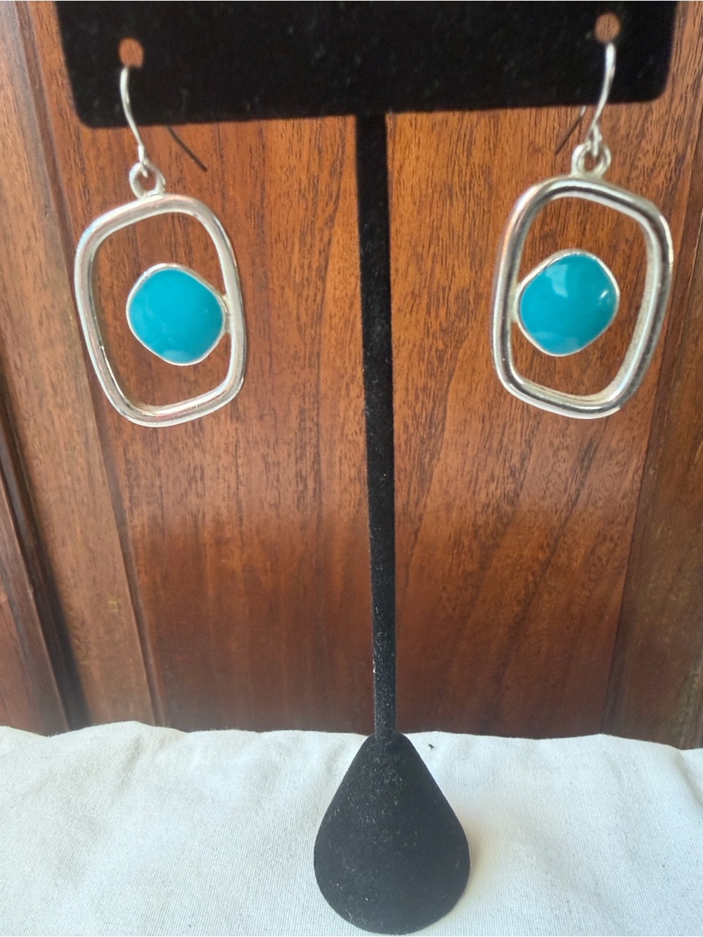 Turquoise Geometric Open Frame Drop Earrings Silver Tone Modern Statement